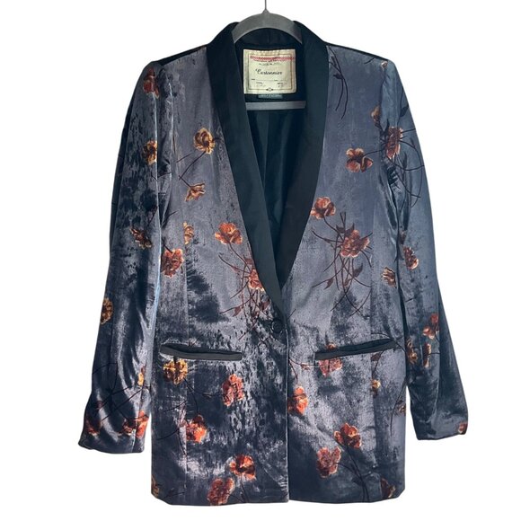 Anthropologie Small Cartonnier Velvet Floral Print Blazer Tuxedo Jacket - Picture 2 of 14